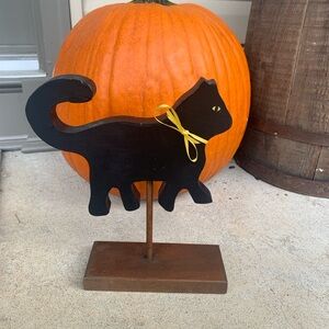 Handmade Wooden Primitive Black Cat Figure Yellow Eyes Bow Halloween